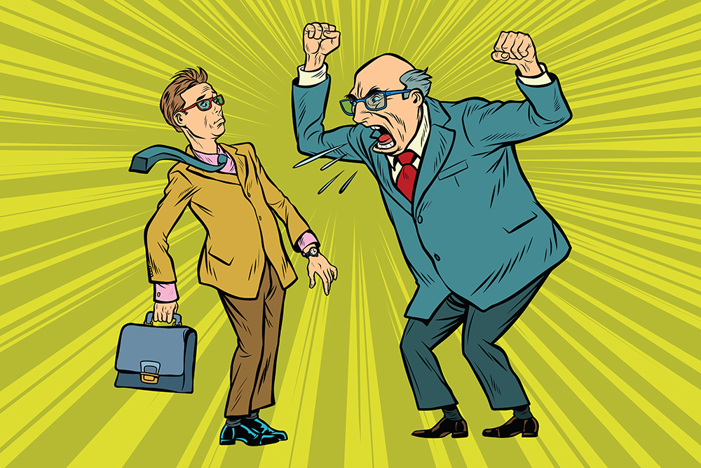 Boss scolds businessman. Conflicts at work. Pop art retro vector illustration