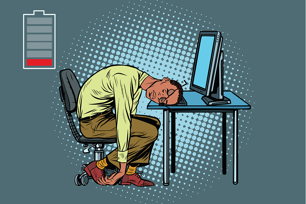 sleeping African businessman at the computer. Fatigue at work. Pop art retro vector illustration